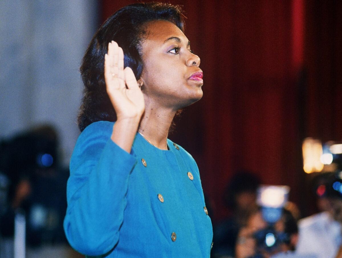 Law professor Anita Hill takes an oath before the Senate Judiciary Committee in Washington on Oct. 12, 1991. Hill filed sexual harassment charges against Supreme Court nominee Clarence Thomas. (Jennifer Law/AFP via Getty Images)