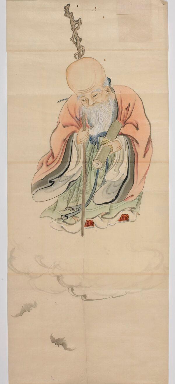 "Jurojin, God of Longevity" by Taki Katei. Paper, pigment, and ink; 37 3/8 inches by 15 1/2 inches. (Keith Sweeney/National Museums Liverpool)
