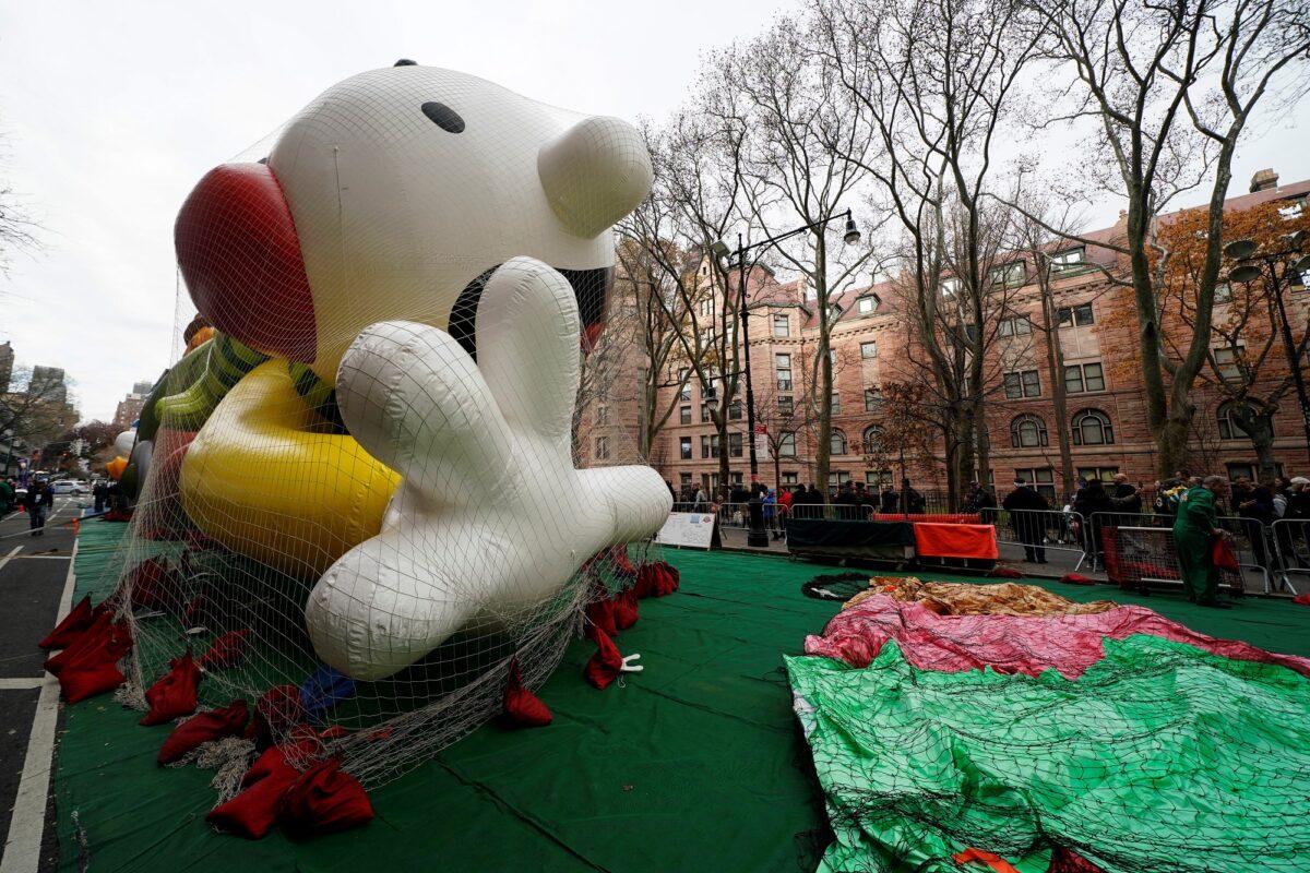 The Macy's Thanksgiving Day Parade Wimpy Kid balloon stands inflated in New York on Nov. 27, 2019. (Shannon Stapleton/Reuters)