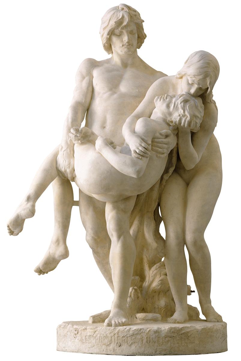 Adam and Eve hold their dead son Abel. “The First Funeral,” 1878, by Louis-Ernest Barrias. Plaster. Museum of Fine Arts of Lyon. (Public Domain)