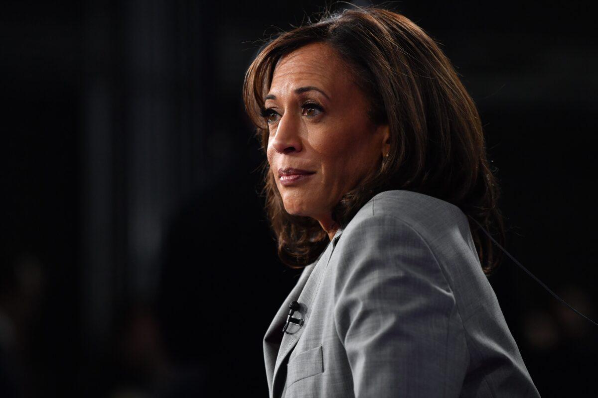 Democratic presidential hopeful Sen. Kamala Harris (D-Calif.) speaks to the press in the Spin Room after participating in the fifth Democratic primary debate of the 2020 presidential campaign season at Tyler Perry Studios in Atlanta, Georgia on Nov. 20, 2019. (Nicholas Kamm/AFP via Getty Images)