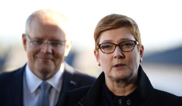 Prime Minister Scott Morrison (L) with Senator Marise Payne (R) speaks to media in Sydney, Australia on May 13, 2019. (Tracey Nearmy/Getty Images)