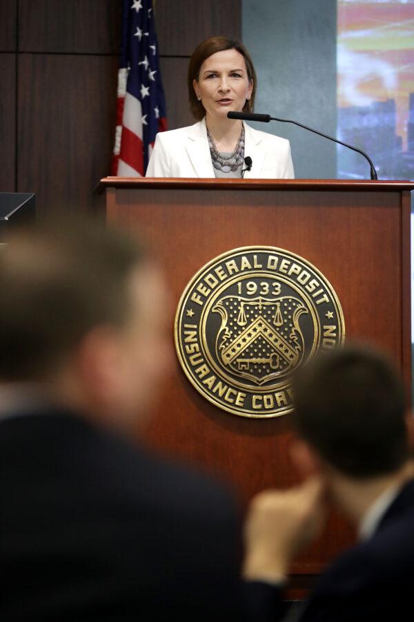 Federal Deposit Insurance Corp. Chairman Jelena McWilliams hosts a conference on financial technology at the FDIC in Arlington, Va., on April 24, 2019. (Chip Somodevilla/Getty Images)
