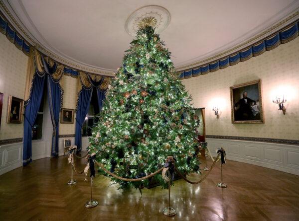 The official White House Christmas Tree is blossoming with handmade paper flowers that pay homage to the distinctive floral emblem of each state and territory, on display inside the Blue Room of the White House on Dec. 2, 2019. (Mark Wilson/Getty Images)