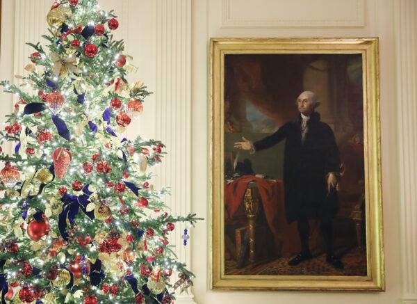 Christmas decorations are on display in the East Room of the White House Dec. 2, 2019. (Mark Wilson/Getty Images)
