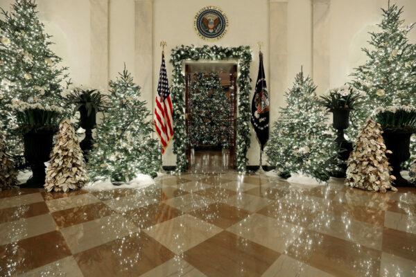 Christmas decorations are on display in the Grand Foyer of the White House on Dec. 2, 2019. (Mark Wilson/Getty Images)