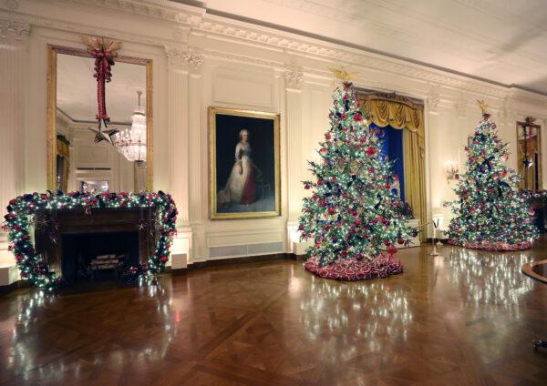 Christmas decorations are on display in the East Room of the White House on Dec. 2, 2019. (Mark Wilson/Getty Images)