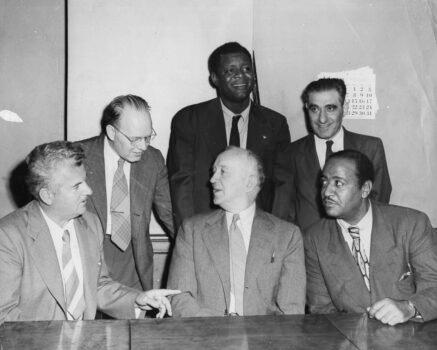 U.S. Communist leaders (seated L–R) Eugene Dennis, William Z. Foster, Benjamin Davis Jr., (standing L–R) John B. Williamson, Henry Winston, and Jacob A Stachel, following their arrest, on July 26, 1948. (Photo by Keystone/Hulton Archive/Getty Images)