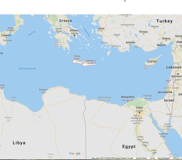 Map showing the Mediterranean Sea surrounded on the east by Greece, Turkey, Egypt, Libya.<br/>(Map Data, 2019, ORION-ME, Mapa GiSrael. Google Maps)