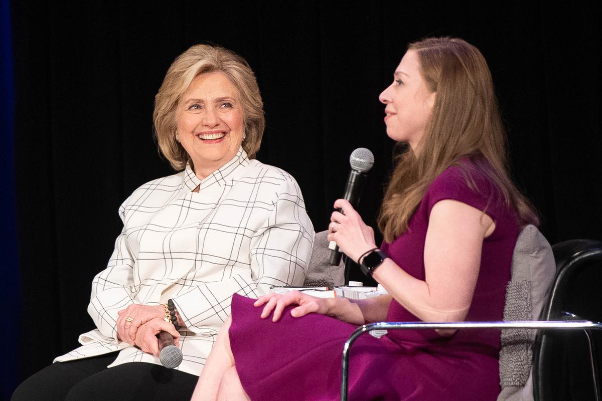 Hillary Clinton and Chelsea Clinton speak onstage at 'Hillary Clinton and Chelsea Clinton discuss their new book 'The Book of Gutsy Women' at The Wilshire Ebell Theatre in Los Angeles, California on Nov. 5, 2019. (Emma McIntyre/Getty Images)