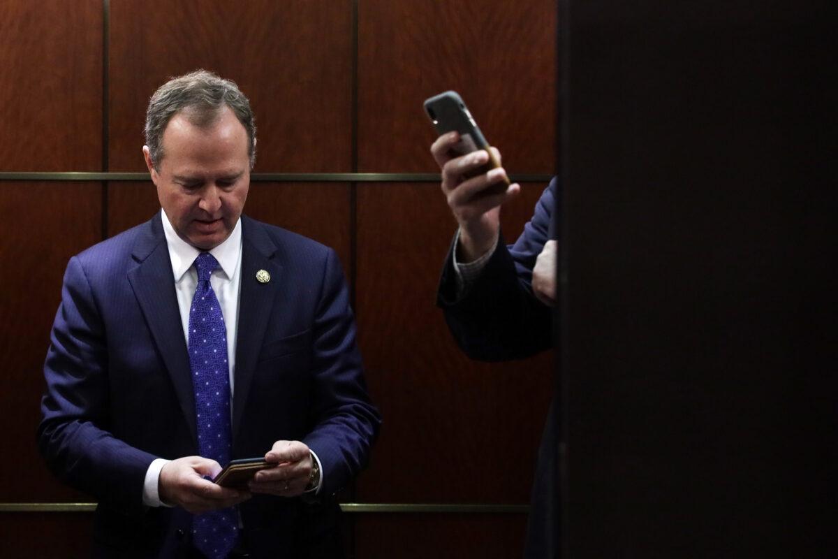 House Intelligence Committee Chairman Adam Schiff (D-Calif.) takes an elevator on leaving a closed markup meeting about the report on the impeachment inquiry into President Donald Trump on Capitol Hill in Washington on Dec. 3, 2019. (Alex Wong/Getty Images)