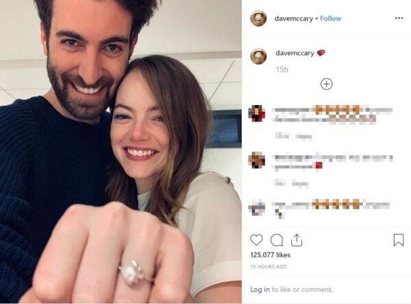Emma Stone has a rock on her finger. The star was pictured in an Instagram post smiling alongside her boyfriend, "Saturday Night Live" segment director Dave McCary on Dec. 4, 2019. (Courtesy of @davemccary/Instagram)