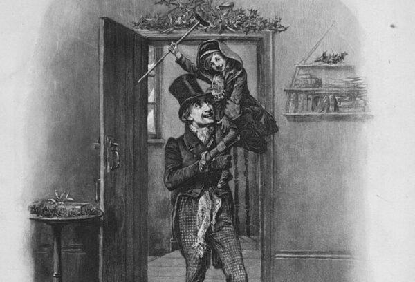 Bob Cratchit carrying Tiny Tim on his shoulders. A scene from "A Christmas Carol" by Charles Dickens, circa 1844. Illustration by Fred Barnard. (Hulton Archive/Getty Images)