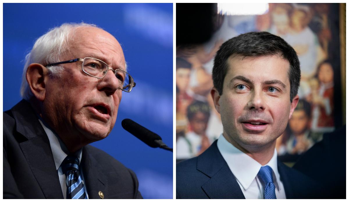 (L) Democratic presidential hopeful Sen. Bernie Sanders (I-Vt.) speaks onstage at "First in the West" event in Las Vegas, Nevada, on Nov. 17, 2019. (Bridget Bennett/AFP via Getty Images) (R) Former South Bend Mayor Pete Buttigieg talks to the press after a Sunday morning service at Greenleaf Christian Church in Goldsboro, North Carolina, on Dec. 1, 2019. (Logan Cyrus/AFP via Getty Images)