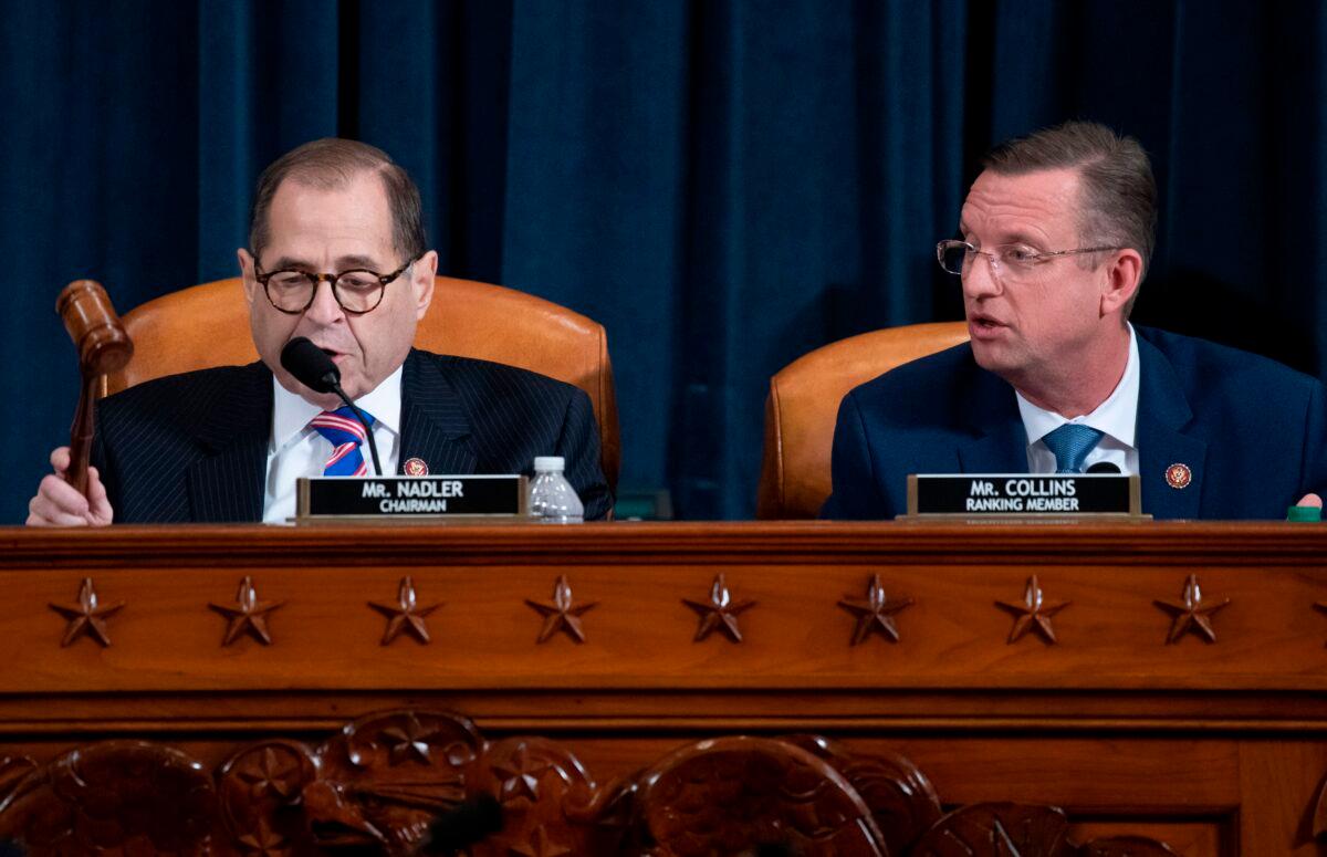 House Judiciary Chairman Jerrold Nadler (D-N.Y.) (L) and Ranking Member Doug Collins (R-Ga.) during a committee hearing on the impeachment inquiry against President Donald Trump on Capitol Hill in Washington on Dec. 4, 2019. (Saul Loeb/Pool/AFP via Getty Images)