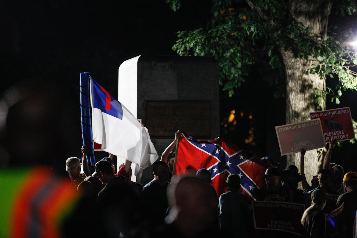 Pro-Confederacy protestors gathered at where the Silent Sam statue once stood before its toppling on August 30, 2018. (Logan Cyrus/ AFP via Getty Images)