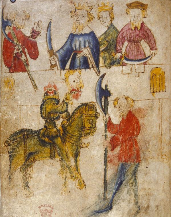 “Sir Gawain and the Green Knight,” from original manuscript, circa 14th century. (Public Domain)