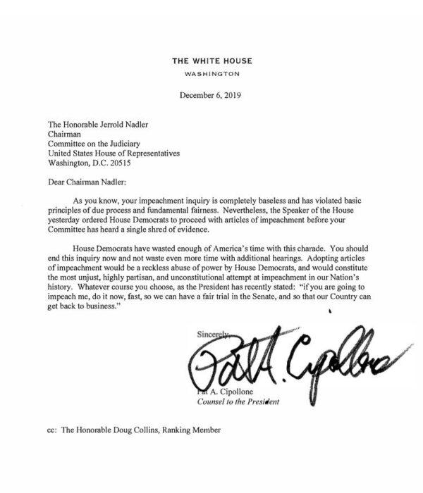 A letter from White House counsel Pat Cipollone (White House)