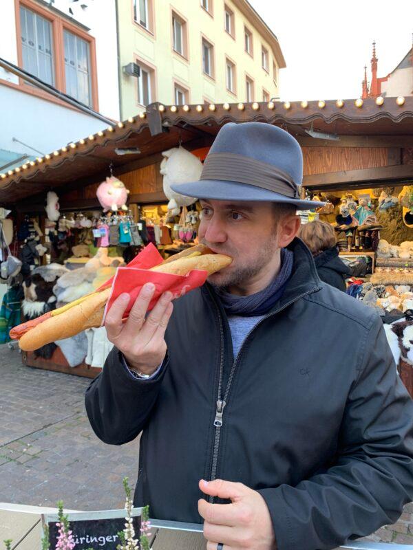 Sausage is a popular offering at Christmas markets. (Janna Graber)