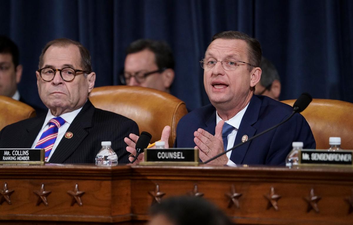 Rep. Doug Collins (R-Ga.) the ranking member of the House Judiciary Committee, joined at left by Chairman Jerrold Nadler (D-N.Y.), makes his opening statement during a hearing on the constitutional grounds for the impeachment of President Donald Trump, on Capitol Hill in Washington on Dec. 4, 2019. (J. Scott Applewhite/AP Photo)