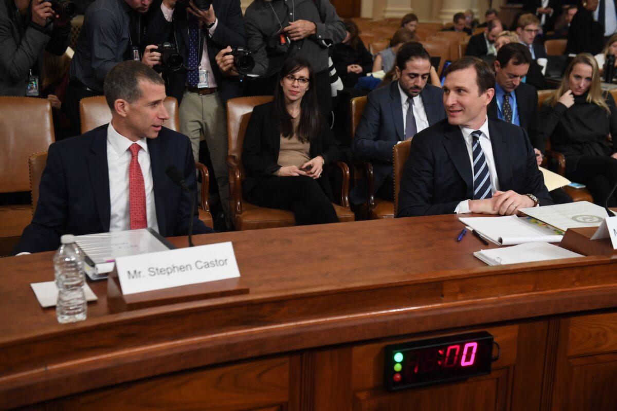 House Intelligence Committee majority counsel Daniel Goldman, right, and House Judiciary Committee minority counsel Steve Castor at a House Judiciary Committee hearing on the grounds for the impeachment of President Donald Trump on Capitol Hill in Washington on Dec. 9, 2019. (Saul Loeb/AFP via Getty Images)