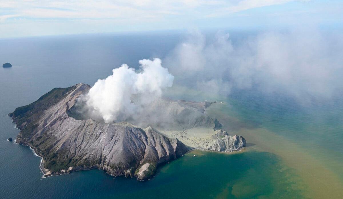 This aerial photo shows White Island after its volcanic eruption in New Zealand on Dec. 9, 2019. (George Novak/New Zealand Herald via AP)