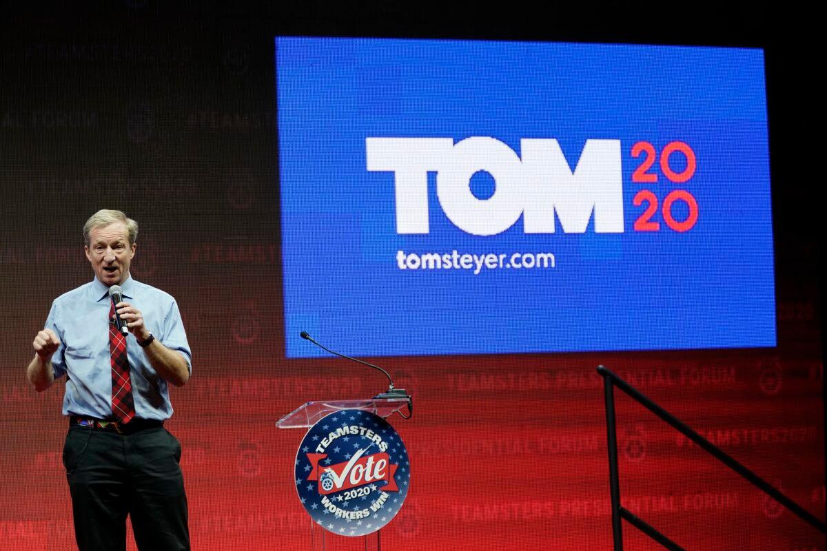 Democratic presidential candidate Tom Steyer speaks at the Teamsters Vote 2020 Presidential Candidate Forum in Cedar Rapids, Iowa on Dec. 7, 2019. The Iowa Caucuses are less than two months away. (Win McNamee/Getty Images)