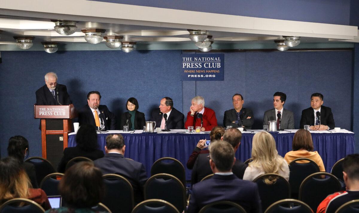 (L-R) TALKERS publisher Michael Harrison, Sebastian Gorka of the Salem Radio Network, Dana Cheng of The Epoch Times, John Fredericks of the John Fredericks Radio Network, Doug Stephan of the nationally syndicated DJV Show, Larry O’Conner of WMAL-AM/FM, Joshua Philipp of The Epoch Times, and Nan Su of The Epoch Times at the “Talk Media Forum on U.S.-China Relations" at the National Press Club in Washington, on Dec. 10, 2019. (Samira Bouaou/The Epoch Times)