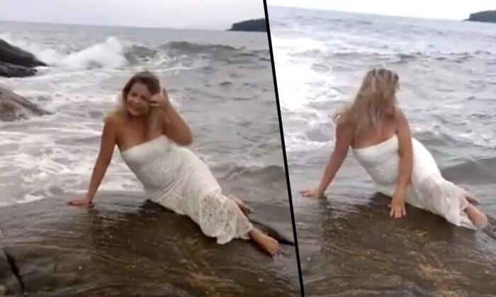 Wife Poses on Ocean Rock for the Perfect Photo–but Watch Closely What’s Coming Behind Her