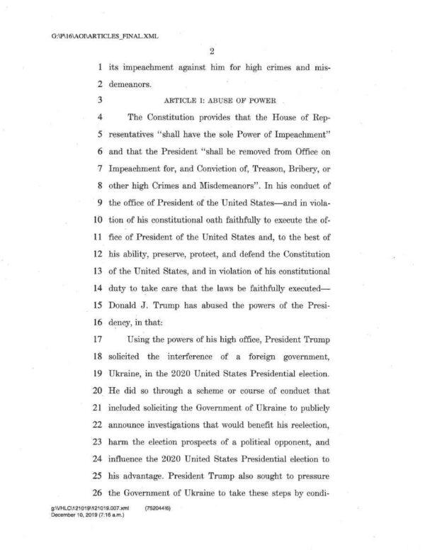 Page 2 of the articles of impeachment against President Trump. (House Judiciary)