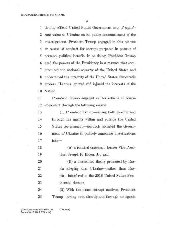 Page 3 of the articles of impeachment against President Trump. (House Judiciary)