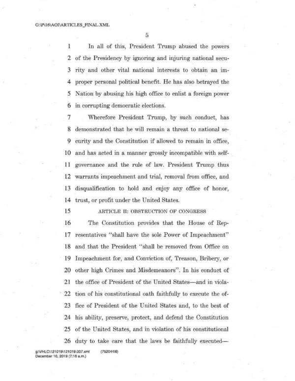 Page 5 of the articles of impeachment against President Trump. (House Judiciary)