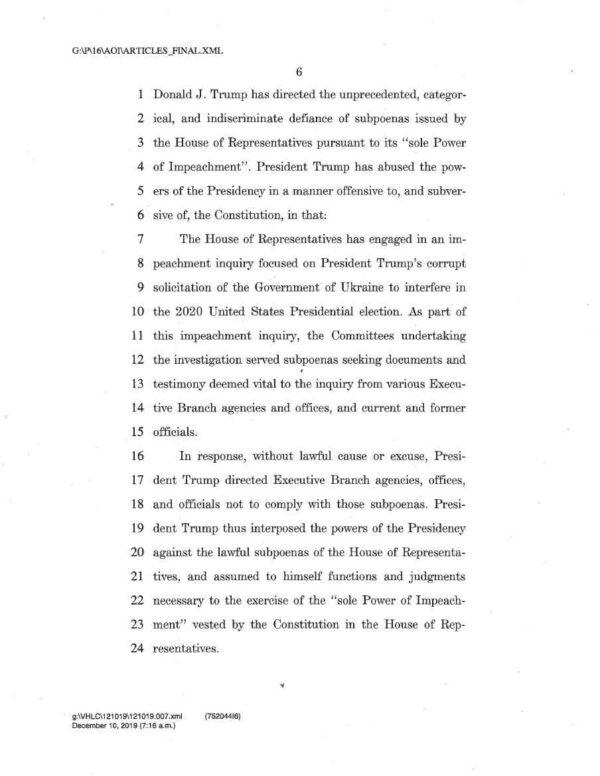 Page 6 of the articles of impeachment against President Trump.  (House Judiciary)