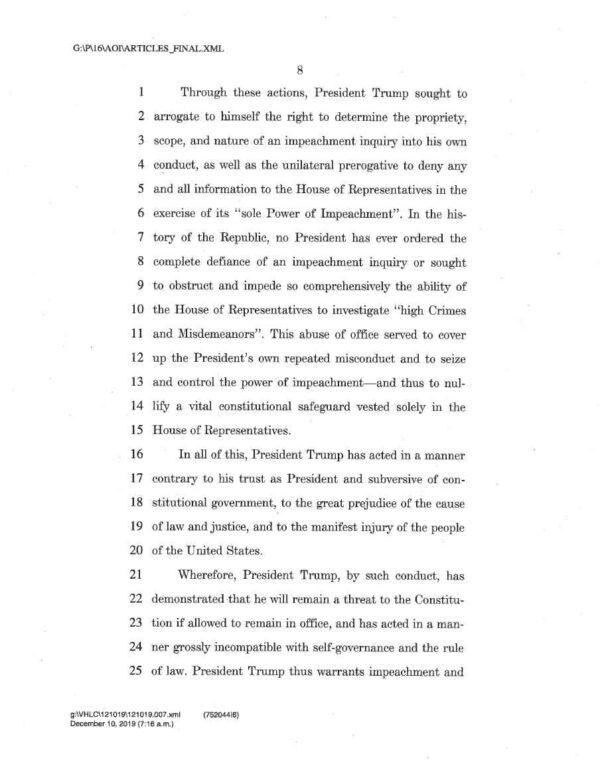 Page 8 of the articles of impeachment against President Trump. (House Judiciary)