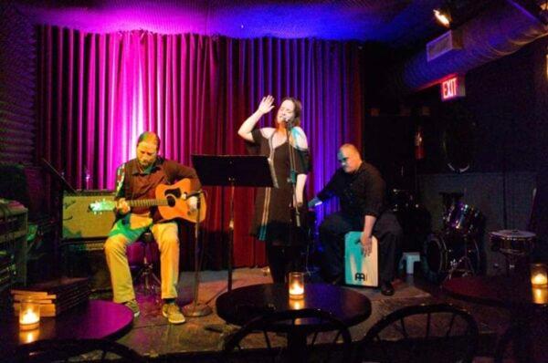 Collette McLafferty (singer), Dan Purdom (guitar), and Andrew Potenza (percussion) at the book release party for "Confessions of a Bad, Ugly Singer" at the Parkside Lounge in New York on Oct. 17, 2018. (Courtesy of Collette McLafferty)