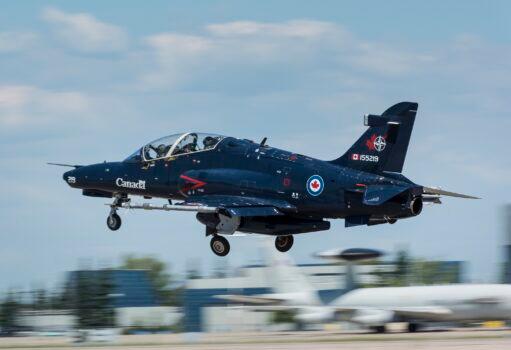 A Royal Canadian Air Force CT-155 Hawk from the 419 Tactical Fighter (Training) Squadron takes off during Exercise MAPLE FLAG 51 at 4 Wing, Cold Lake, Alberta, on June 19, 2018. (Cpl Manuela Berger, 4 Wing Imaging)