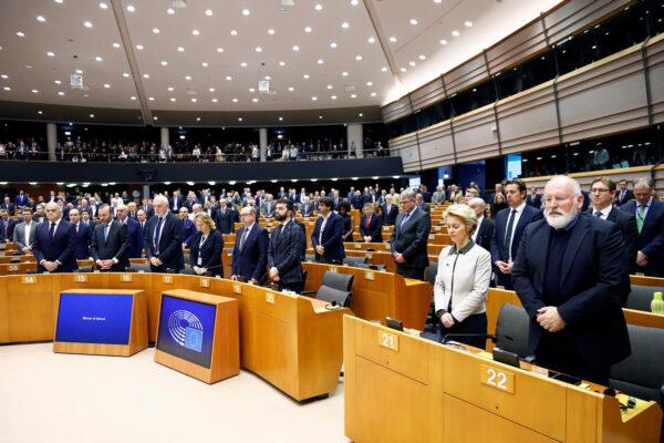 European Commission President Ursula von der Leyen and Vice-President Frans Timmermans observe a minute of silence for the victims of the 2018 Strasbourg attack, at the beginning of an extraordinary session to present a Green Deal plan, at the European Parliament in Brussels, Belgium, on Dec. 11, 2019. (Reuters/Francois Lenoir)