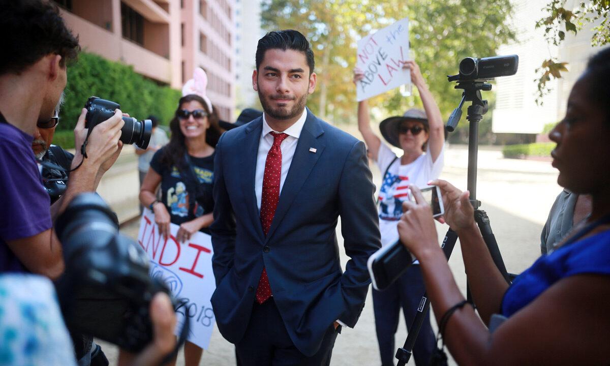 Ammar Campa-Najjar (D-CA) speaks to reporters outside the Federal Courthouse in San Diego, CA, on Aug. 23, 2018. Sandy Huffaker/Getty Images
