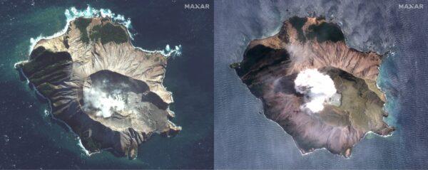 In this combo made from two satellite images taken May 12, 2019, left, and Dec. 11, 2019, right, by Maxar Technologies steam rises from the volcano on White Island off the coast of Whakatane, New Zealand. (Satellite image ©2019 Maxar Technologies via AP)