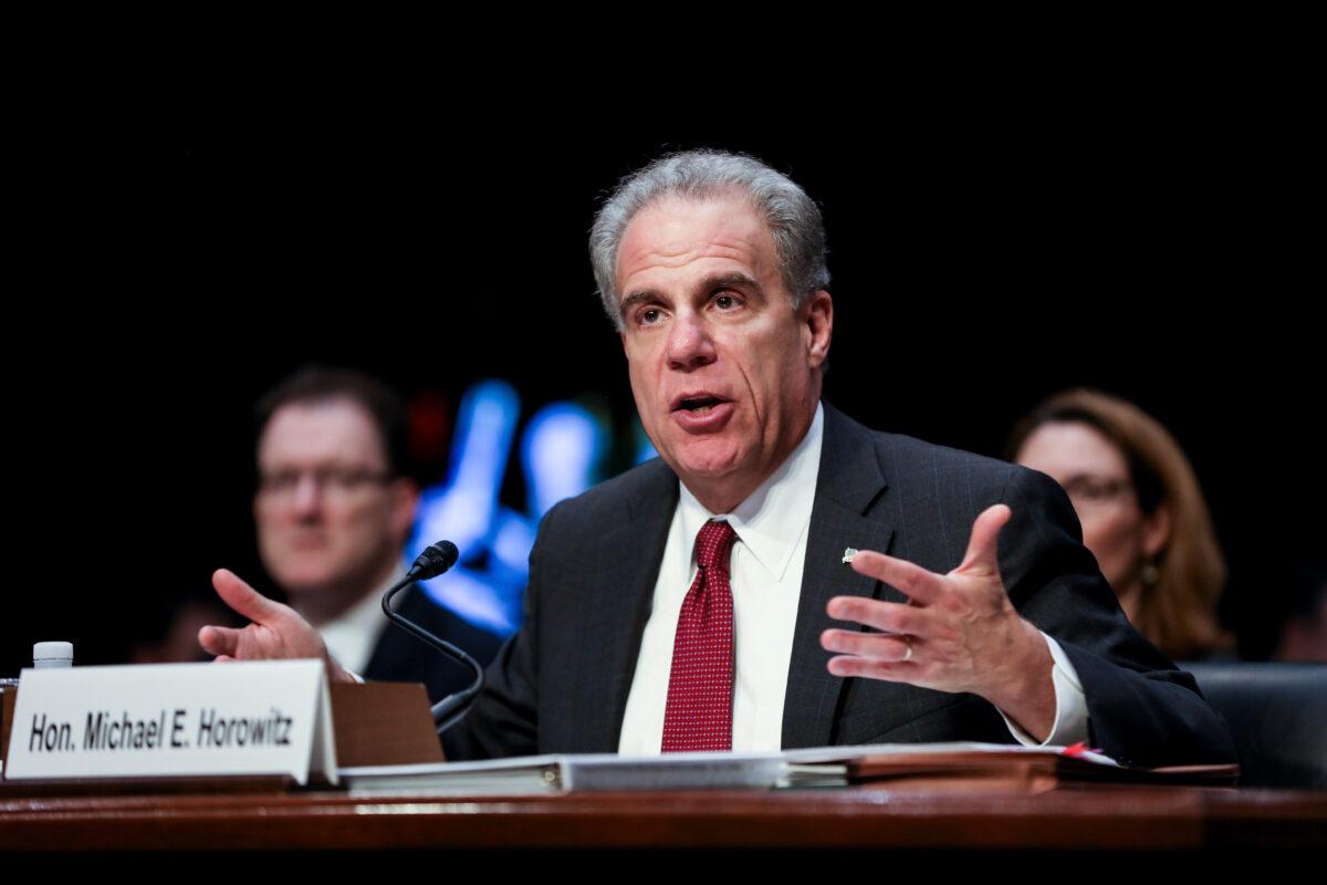  Department of Justice Inspector General Michael Horowitz testifies in front of the Senate Judiciary Committee in Washington on Dec. 11, 2019. (Charlotte Cuthbertson/The Epoch Times)