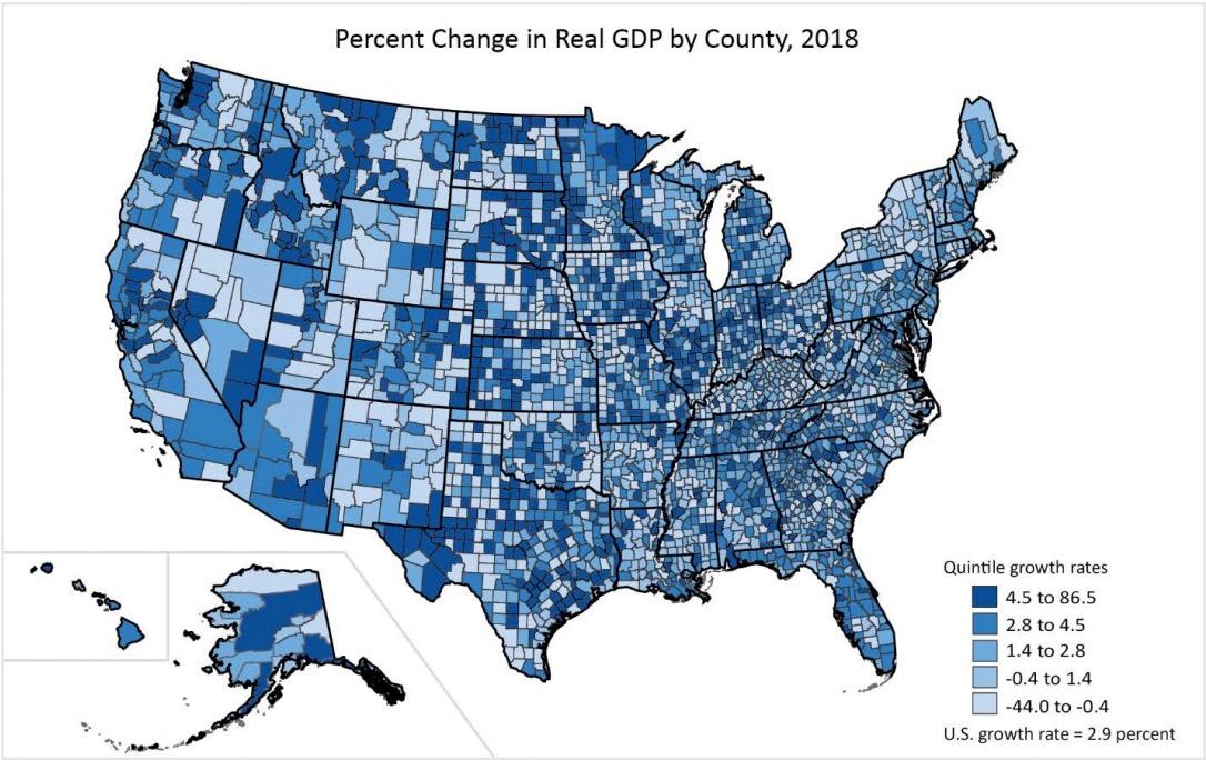 County-level percent change in real GDP data, released on Dec. 12, 2019. (U.S. Bureau of Economic Analysis)