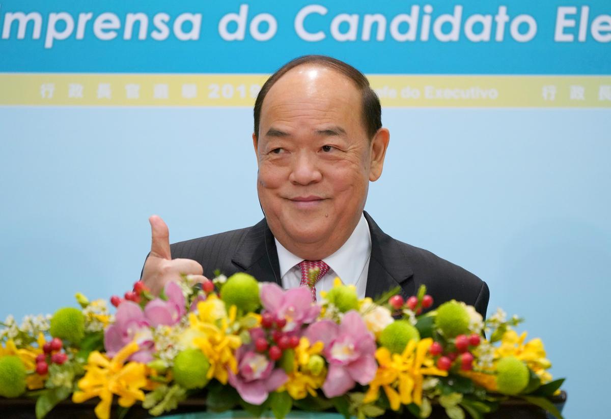Newly elected Macau Chief Executive Ho Iat Seng gestures during a news conference after winning the chief executive election in Macau, China on Aug. 25, 2019. (Zhang Wei/CNS via Reuters)