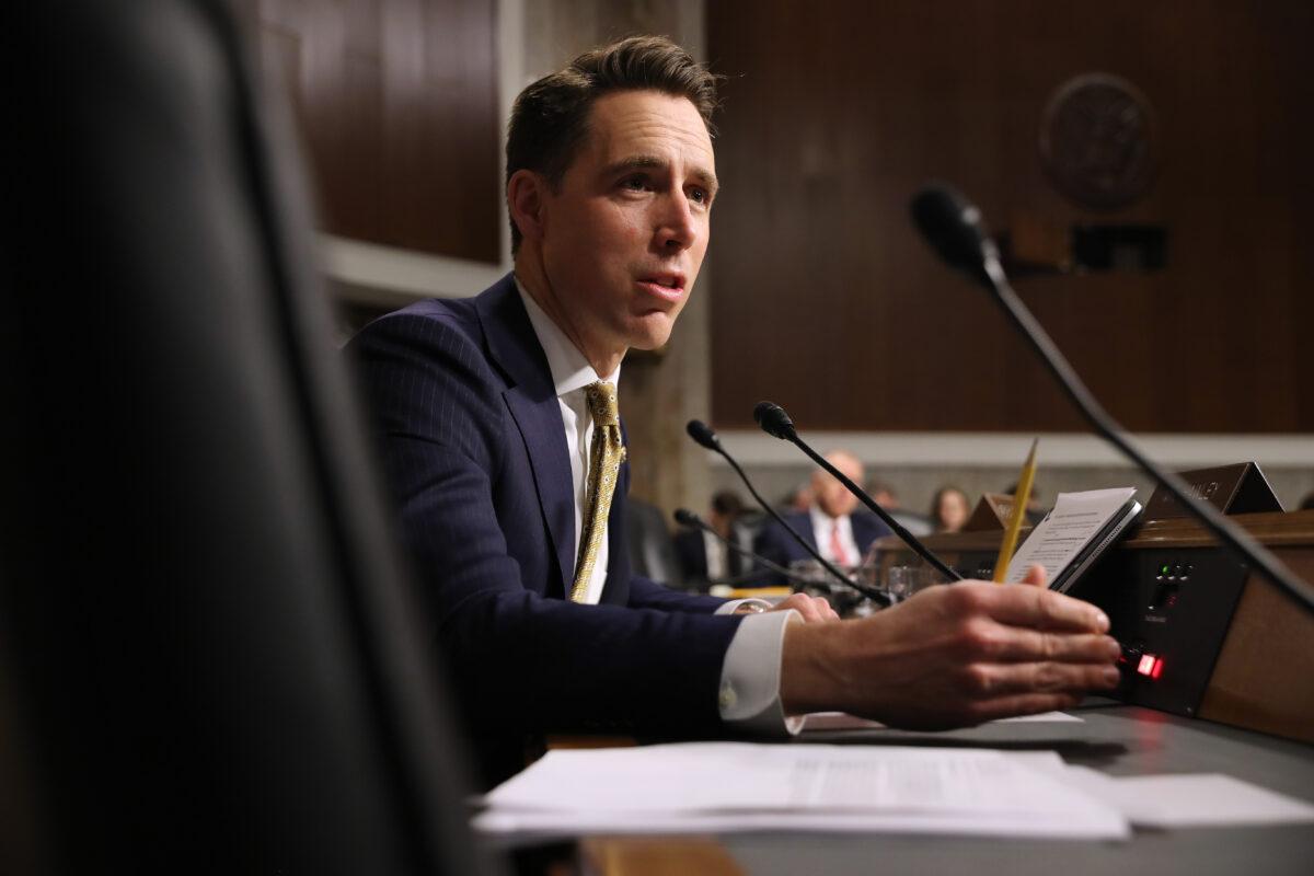 Sen. Josh Hawley (R-Mo.) questions witnesses during a Senate hearing in Washington on Dec. 3, 2019. (Chip Somodevilla/Getty Images)