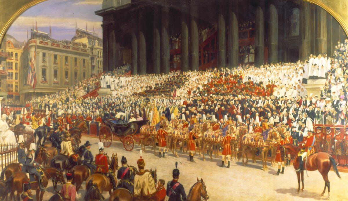 Kipling attended Queen Victoria’s Diamond Jubilee festivities and then wrote a poem about it. "Queen Victoria’s Diamond Jubilee Service, 22 June 1897" by Andrew Carrick Gow. Guildhall Art Gallery. (Public Domain)