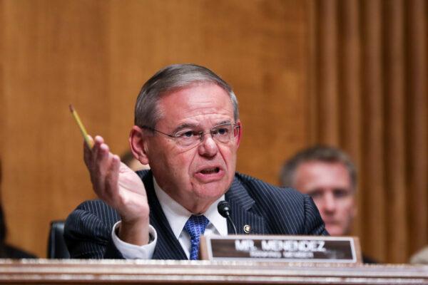 Sen. Bob Menendez (D-N.J.) speaks during a hearing with Secretary of State Mike Pompeo where he testified during a Senate Foreign Relations Committee hearing in Washington on July 25, 2018. (Samira Bouaou/The Epoch Times)