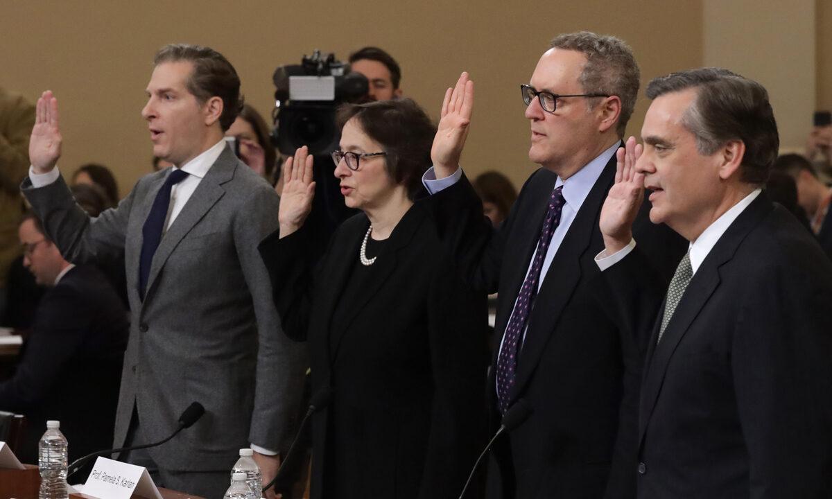 Constitutional scholars (L-R) Noah Feldman of Harvard University, Pamela Karlan of Stanford University, Michael Gerhardt of the University of North Carolina, and Jonathan Turley of George Washington University are sworn in prior to testifying before the House Judiciary Committee in the Longworth House Office Building on Capitol Hill in Washington on Dec. 4, 2019. (Alex Wong/Getty Images)