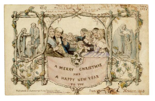 The Henry Cole Christmas card, 1843, by John Callcott Horsley, England. Printed by Jobbins of Warwick Court, Holborn. (Victoria and Albert Museum, London)