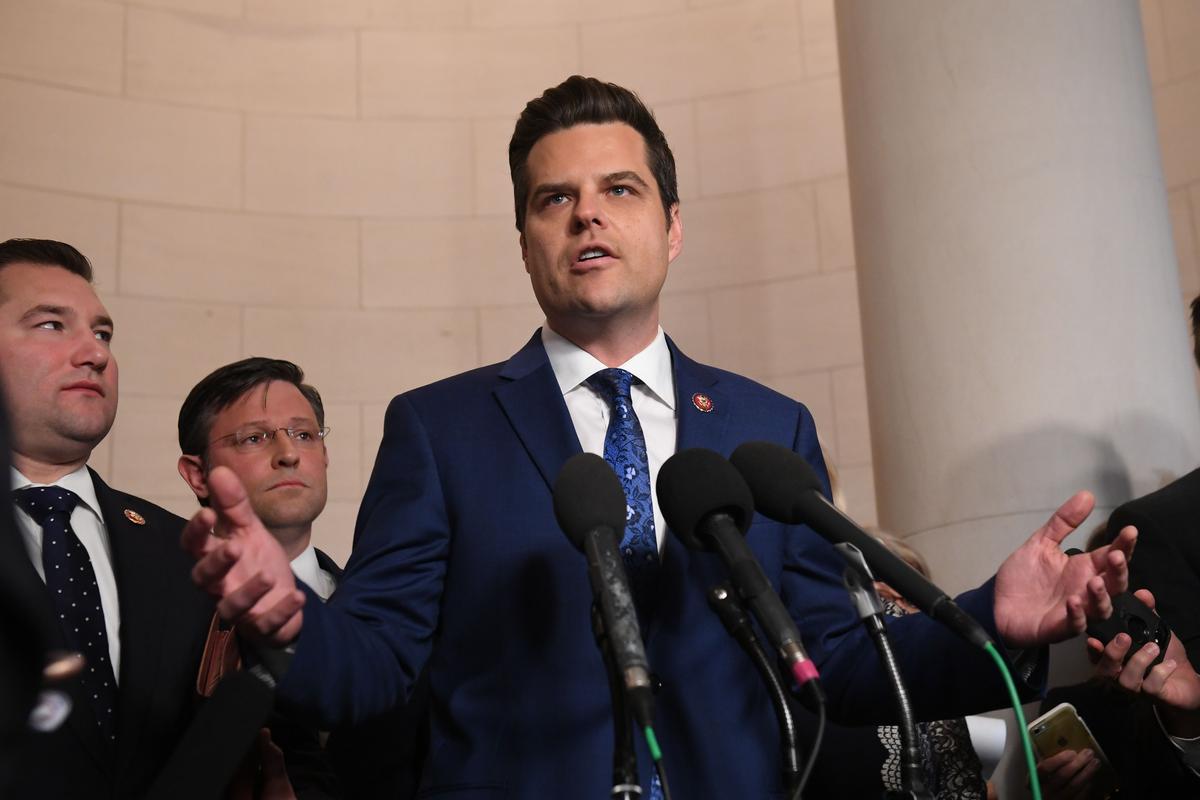 Rep. Matt Gaetz (R-Fla.) speaks to the press after the House Judiciary Committee's vote to advance articles of impeachment against President Donald Trump in Washington on Dec. 13, 2019. (Saul Loeb/AFP via Getty Images)