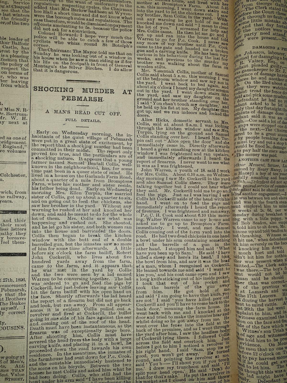 A newspaper report from the Halstead Gazette covering the story of the beheading of Robert Cockerill in 1896. (©SWNS)