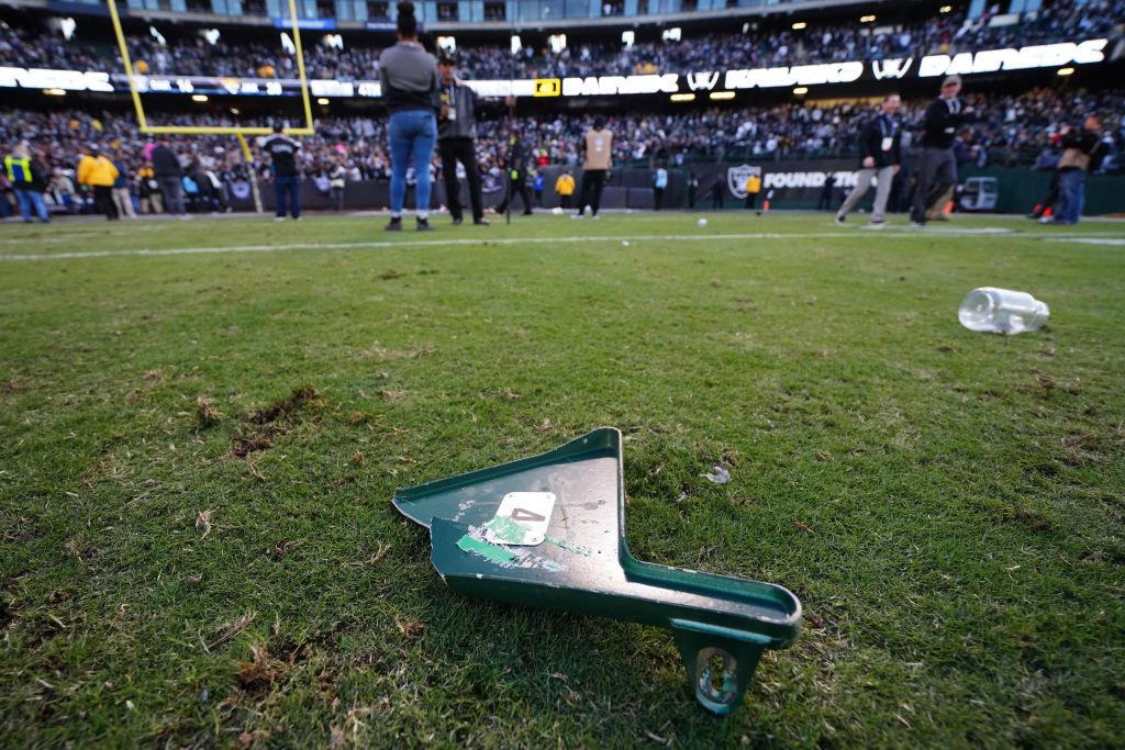 A detailed view of a torn off piece of a stadium seat thrown on the field by fans after the Oakland Raiders loss to the Jacksonville Jaguars at RingCentral Coliseum in Oakland, California on Dec. 15, 2019. (Photo by Daniel Shirey/Getty Images)
